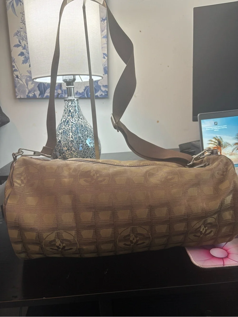 Authentic Vintage Chanel Travel Ligne Nylon Jacquard Barrel Bag